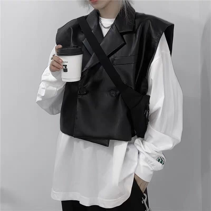 Set phối sẵn unisex,gile da và quần da 3 line  màu đen