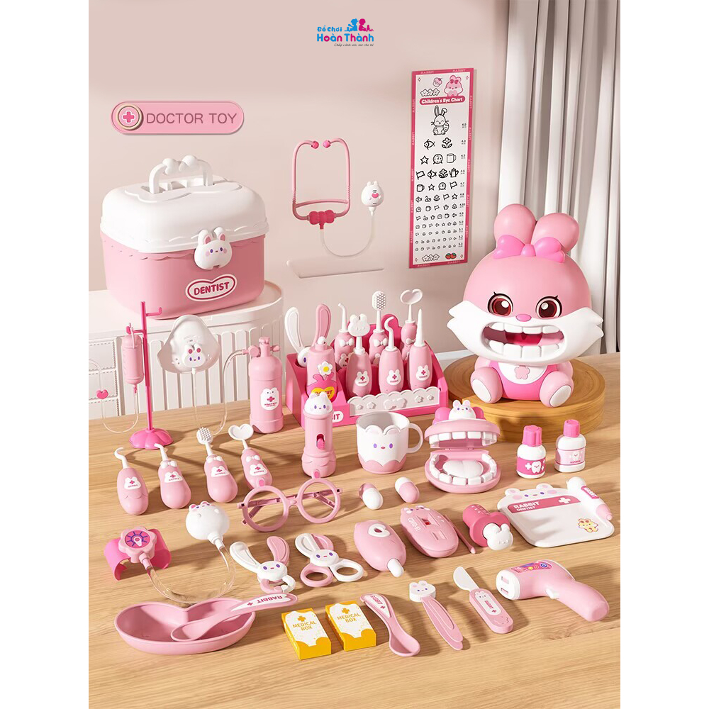 Đồ chơi bác sĩ thỏ cho bé, hộp y tế, y tá, ống tiêm, ống nghe dụng cụ trẻ em