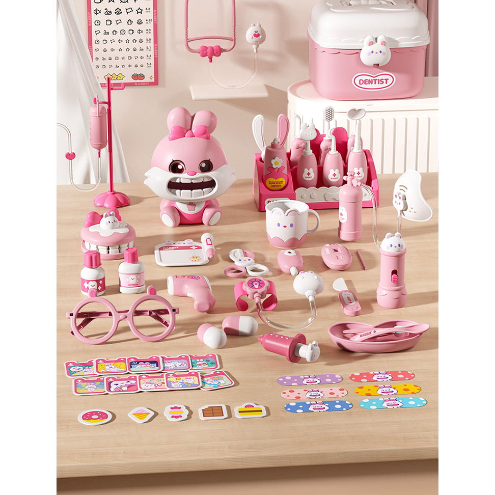 Đồ chơi bác sĩ thỏ cho bé, hộp y tế, y tá, ống tiêm, ống nghe dụng cụ trẻ em