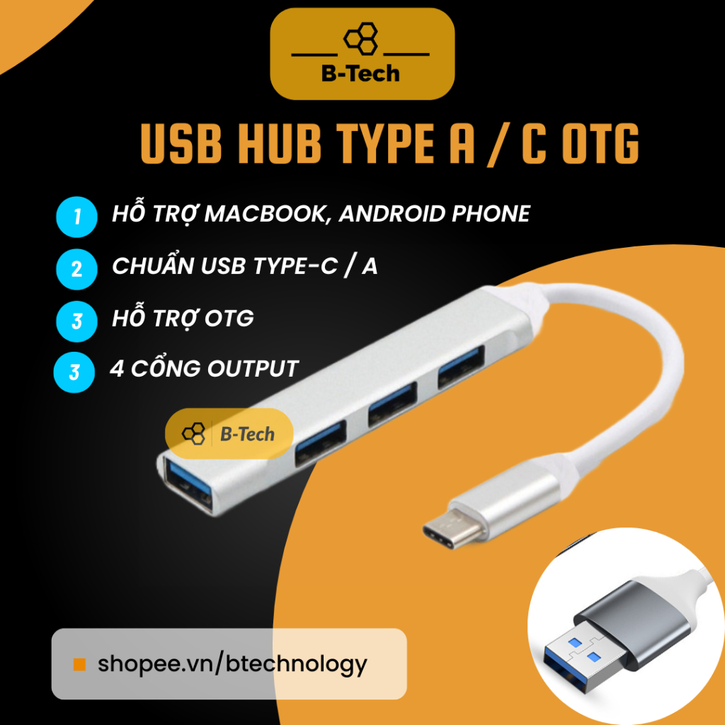 USB hub type C/A OTG USB 3.0 tốc độ cao, bộ chia cổng usb, mở rộng 4 cổng cho laptop PC macbook - BTech B-Tech