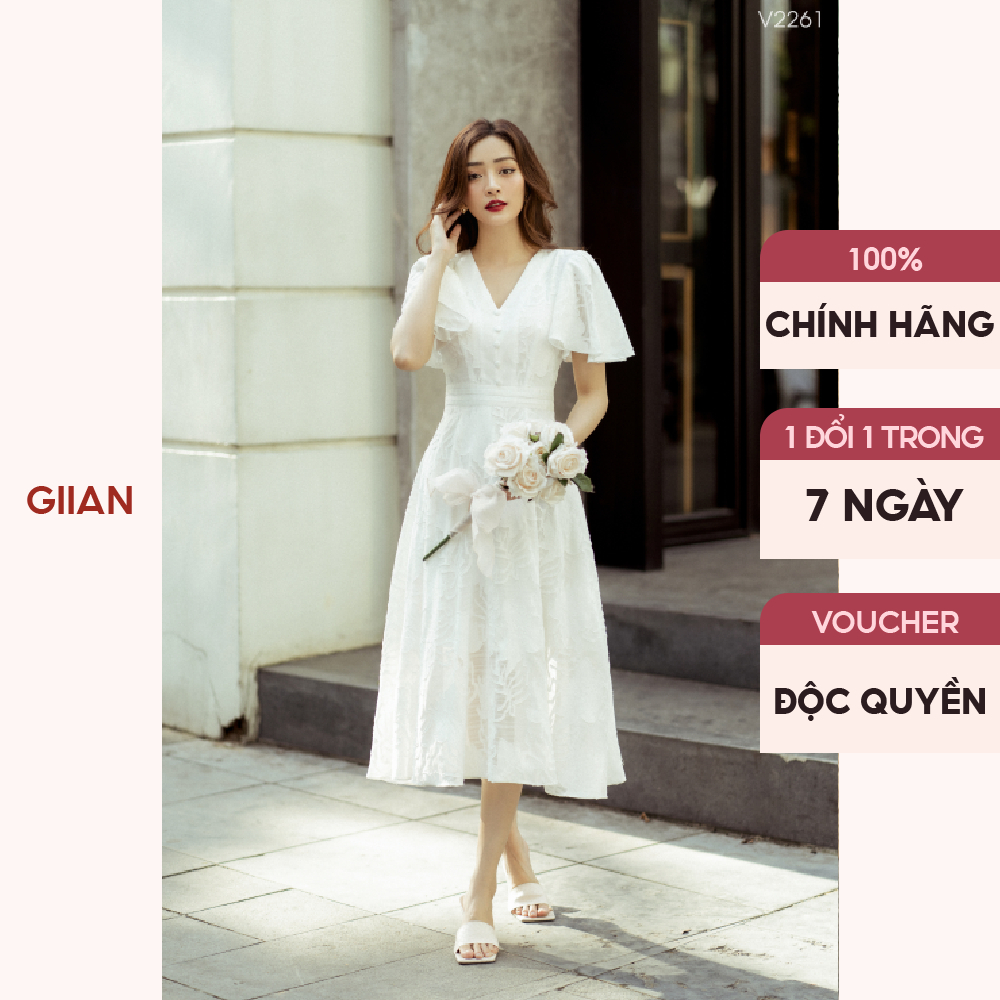 Đầm dự tiệc dáng dài cổ V sang trọng trắng xòe tay cánh tiên phối cúc thanh lịch chính hãng Giian - GV2261