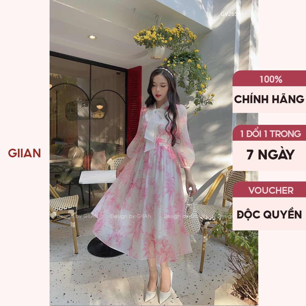 Váy xòe dáng dài thiết kế nhún eo cổ nơ cách điệu phối họa tiết hoa in chính hãng Giian - GV2656