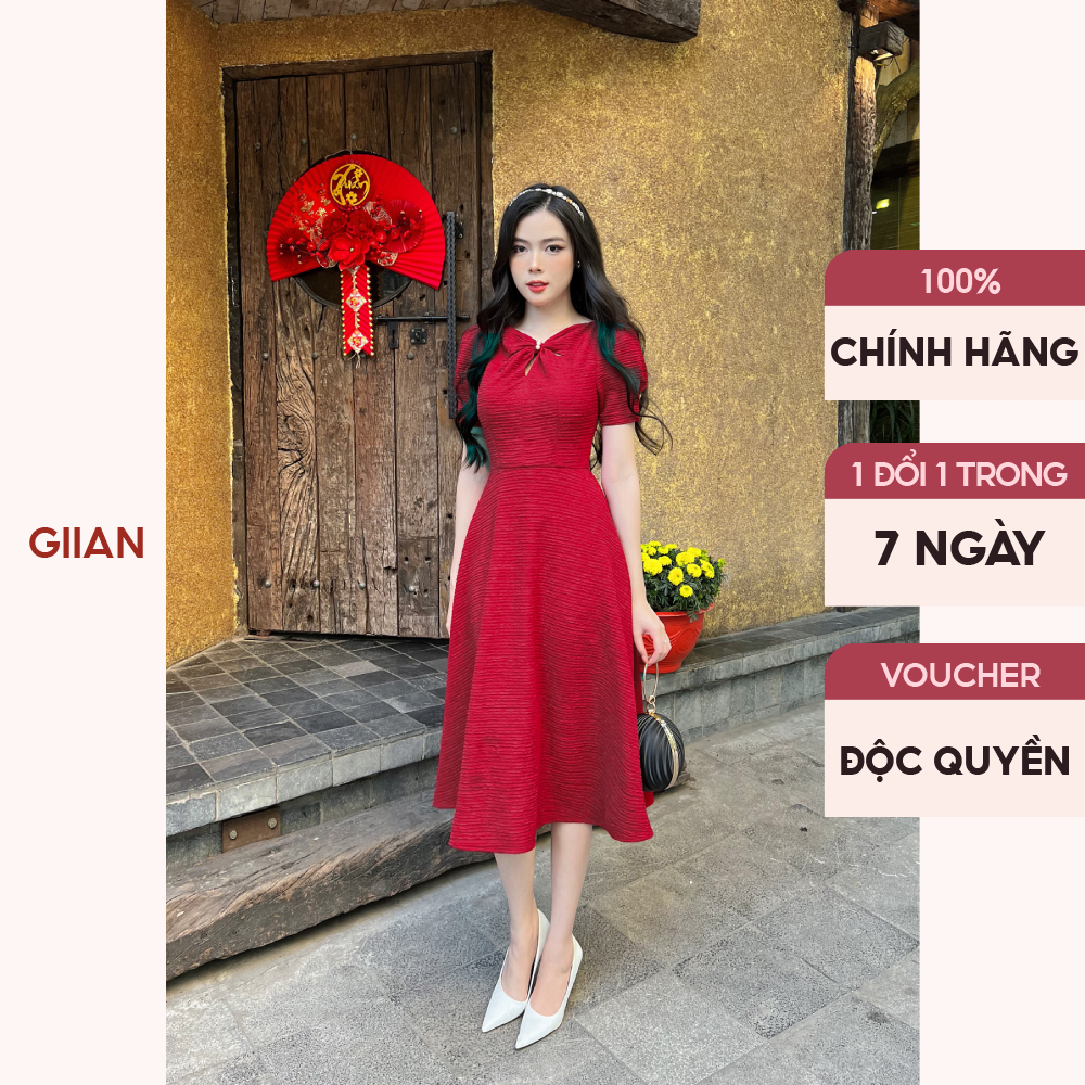 Váy dáng dài xòe dự tiệc tay bồng cổ phối cổ nơ, đầm đỏ đô cao cấp chính hãng Giian - GV2640