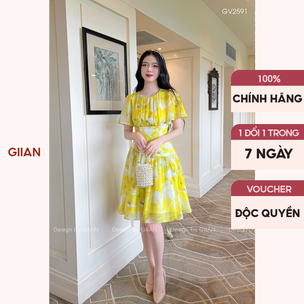 Váy xòe công chúa họa tiết hoa thiết kế tay cánh tiên chính hãng Giian - GV2591