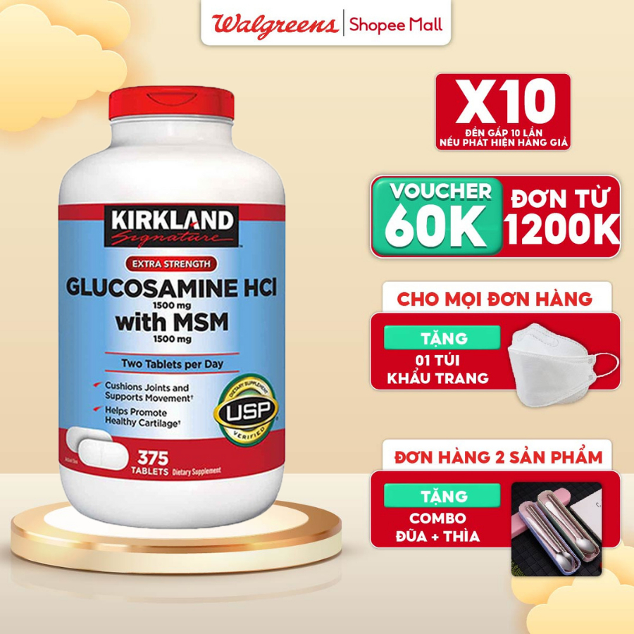 Viên uống bổ sung Glucosamine Kirkland Signature Glucosamine HCL with MSM 1500mg 375 Viên hỗ trợ xương khớp