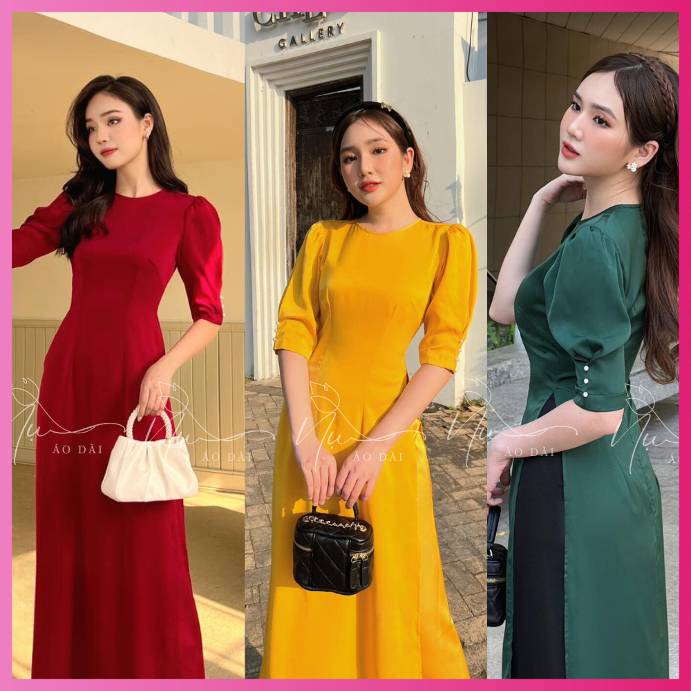Áo dài truyền thống nữ chất lụa tây thi, kiểu dáng trẻ trung, cổ tròn tay phồng đính hạt cách điệu hàng may sẵn