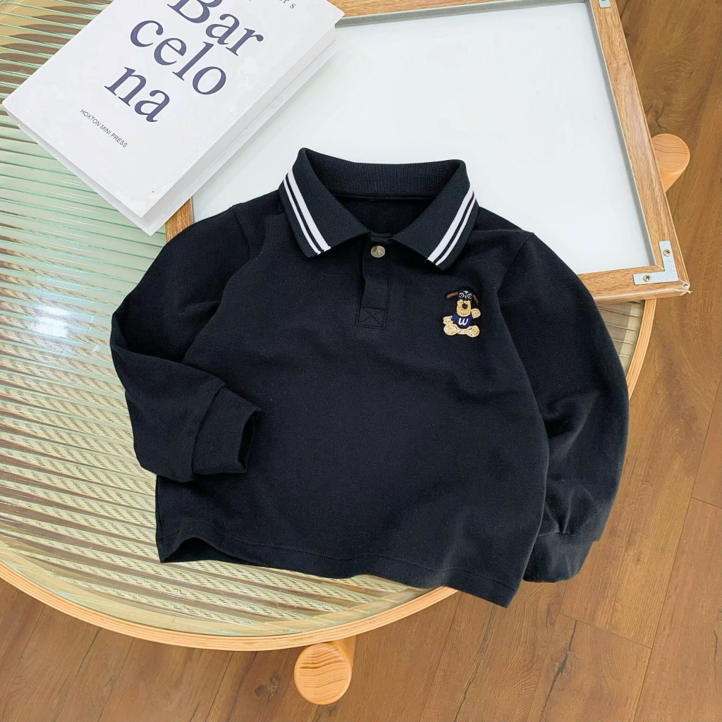 Áo POLO Dài Tay Thêu Nổi Chú Chó Dễ Thương Cho Bé Trai, Áo Thu Đông Cho Bé Từ 7-27kg Yuumi Kids