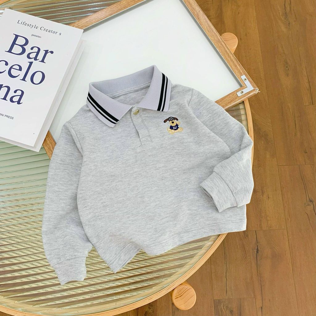 Áo POLO Dài Tay Thêu Nổi Chú Chó Dễ Thương Cho Bé Trai, Áo Thu Đông Cho Bé Từ 7-27kg Yuumi Kids