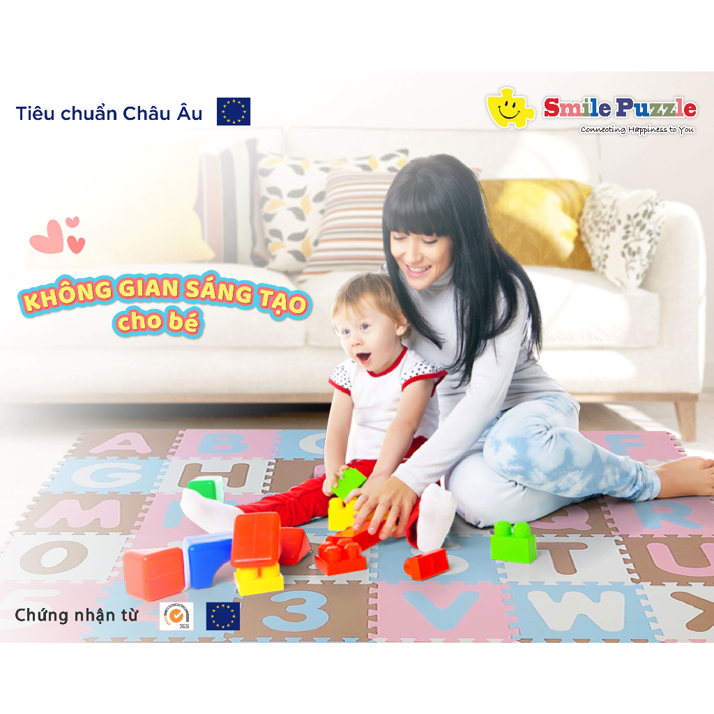 THẢM XỐP CAO CẤP CHO BÉ SMILE PUZZLE KHÔNG MÙI - TIÊU CHUẨN CHÂU ÂU - CHỮ SỐ + CHỮ CÁI  36 miếng
