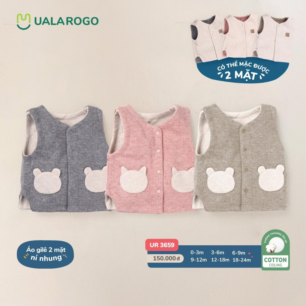 Áo gile nỉ nhung 2 mặt Uala Rogo mềm mịn size 0M-24M