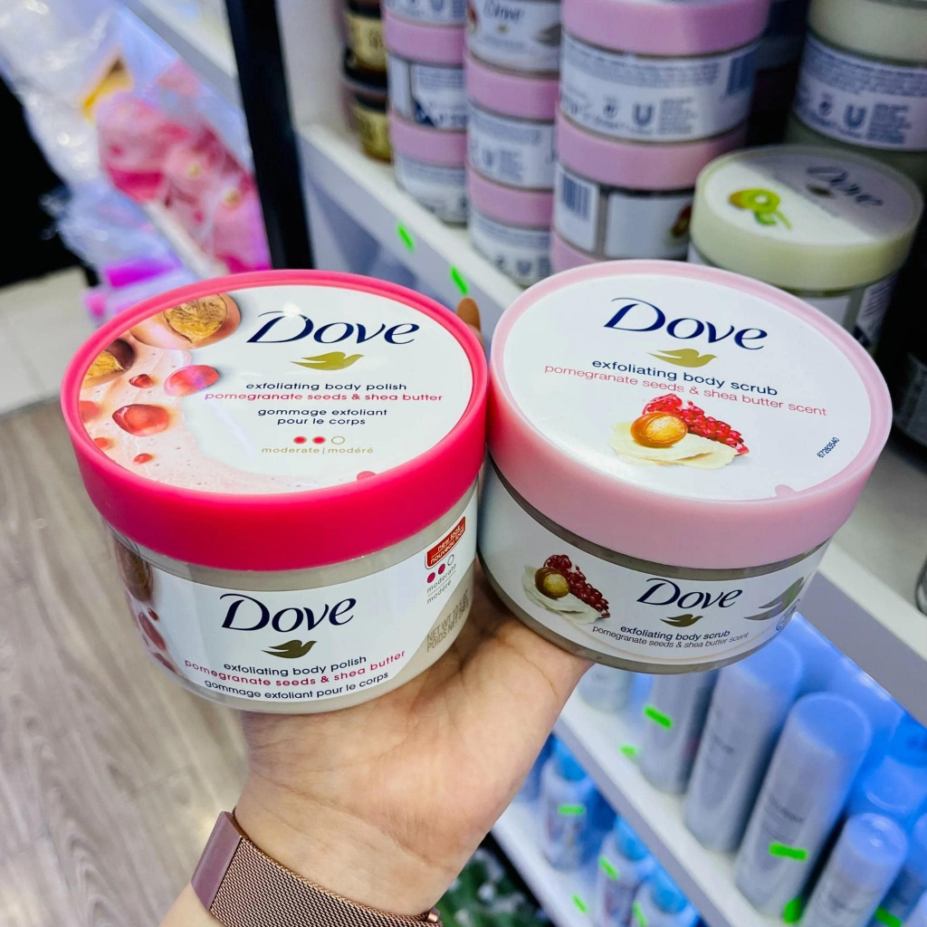 Tẩy Da Chết Toàn Thân, Body DOVE Exfoliating Body Polish 298g Macca, Lựu, Vani, Đường nâu