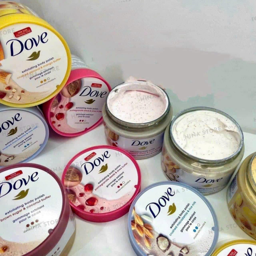 Tẩy Da Chết Toàn Thân, Body DOVE Exfoliating Body Polish 298g Macca, Lựu, Vani, Đường nâu