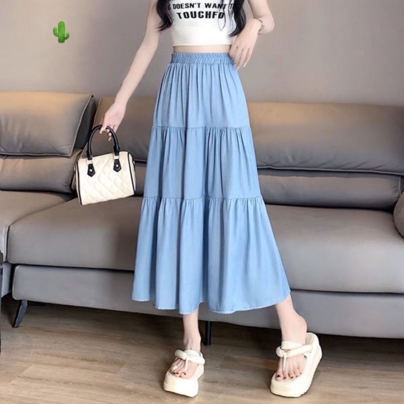 Chân Váy Dáng Xòe Form Dài Màu Jean Denim Sang Trọng