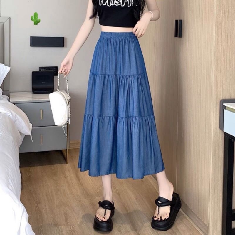 Chân Váy Dáng Xòe Form Dài Màu Jean Denim Sang Trọng