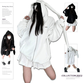 [ẢNH THẬT] Áo khoác hoodie có mũ tai thỏ dài xinh oversize có khoá kéo zip màu trắng tay bo gấu cotton
