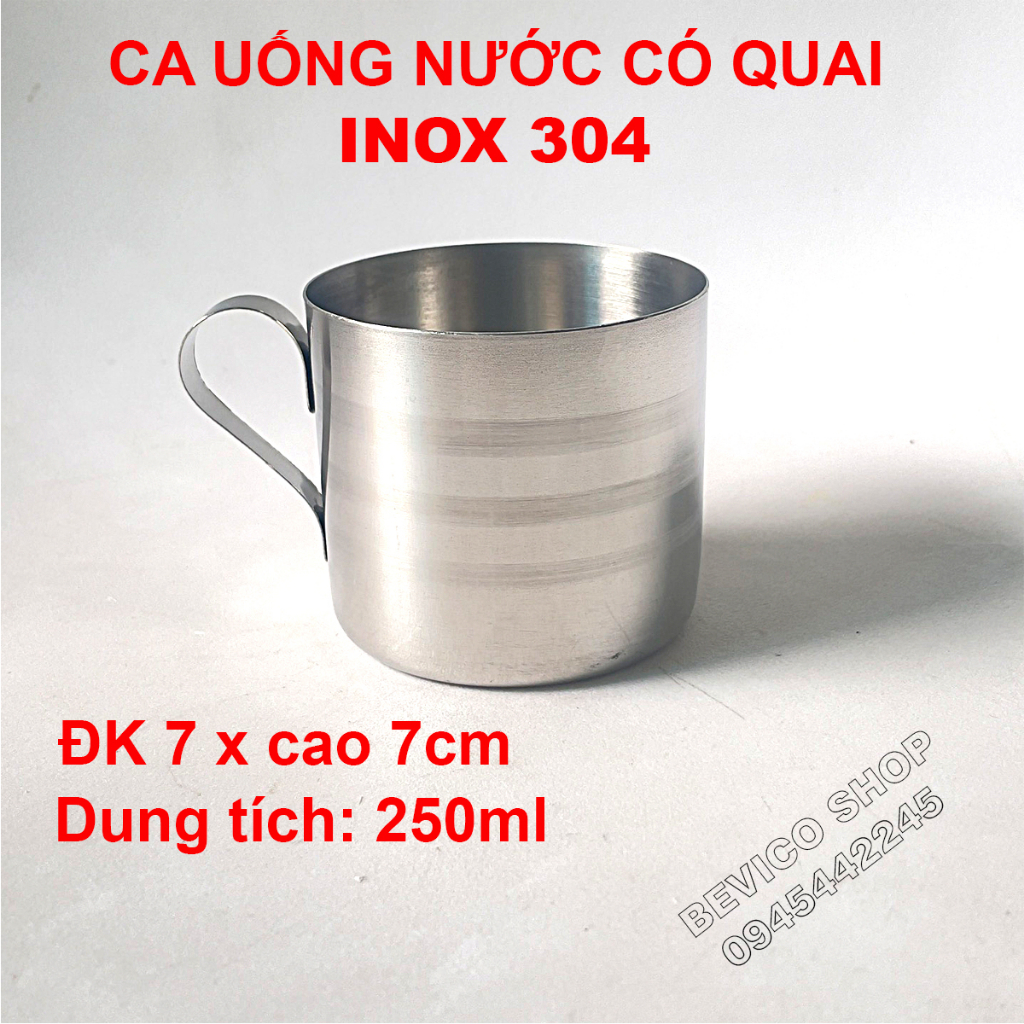 Ca uống nước inox 304 có quai | đường kính 7 x cao 7cm (250ml), đk 7 x cao 6cm (200ml)