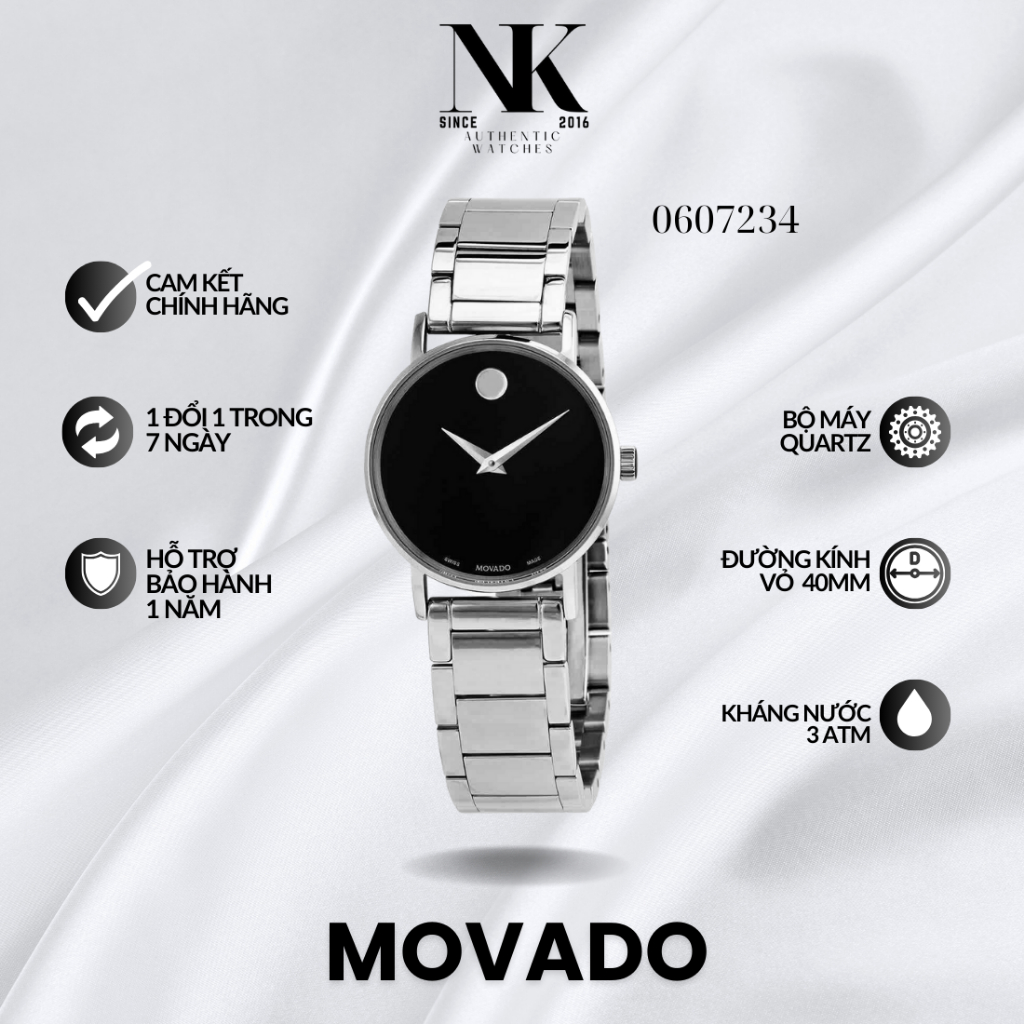 Đồng hồ Unisex MOVADO 0607234 40mm mặt đen, vỏ bạc, dây kim loại cao cấp