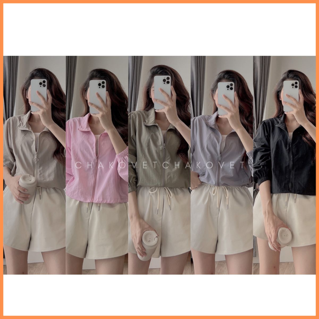 Áo khoác gió trơn mỏng rút dây dáng ngắn, tay bo chun cổ bẻ khoé kéo dáng croptop phong cách thể thao năng động A8717