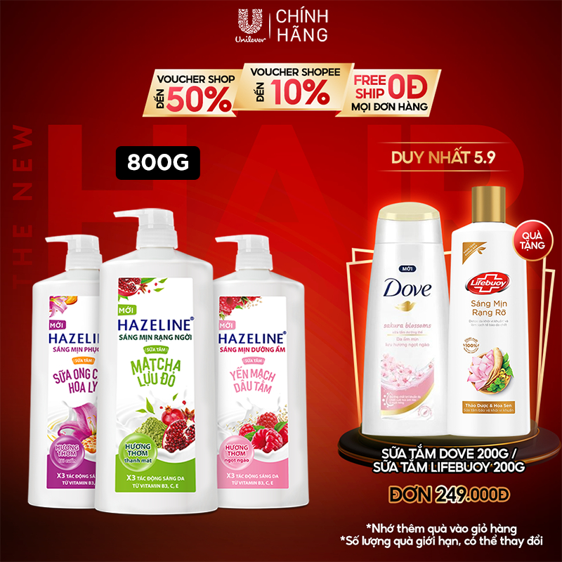 Sữa tắm dưỡng thể thiên nhiên trắng sáng da Hazeline 800g/900g