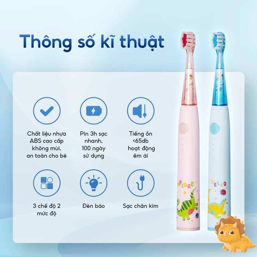 Bàn chải điện cho bé BRUSHIE KIDS, bàn chải điện trẻ em đầu lông chải mềm mượt, 3 chế độ làm sạch răng an toàn