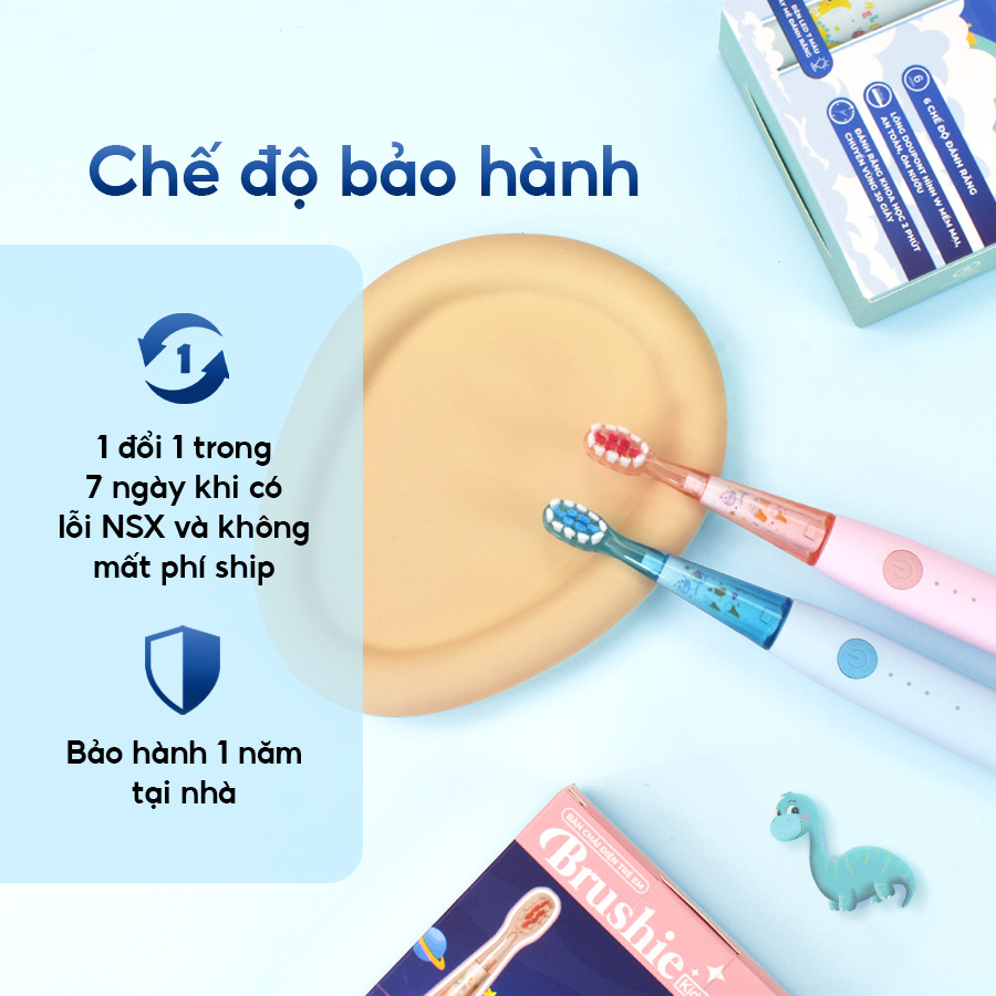 Bàn chải điện cho bé BRUSHIE KIDS, bàn chải điện trẻ em đầu lông chải mềm mượt, 3 chế độ làm sạch răng an toàn
