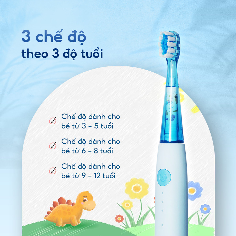 Bàn chải điện cho bé BRUSHIE KIDS, bàn chải điện trẻ em đầu lông chải mềm mượt, 3 chế độ làm sạch răng an toàn