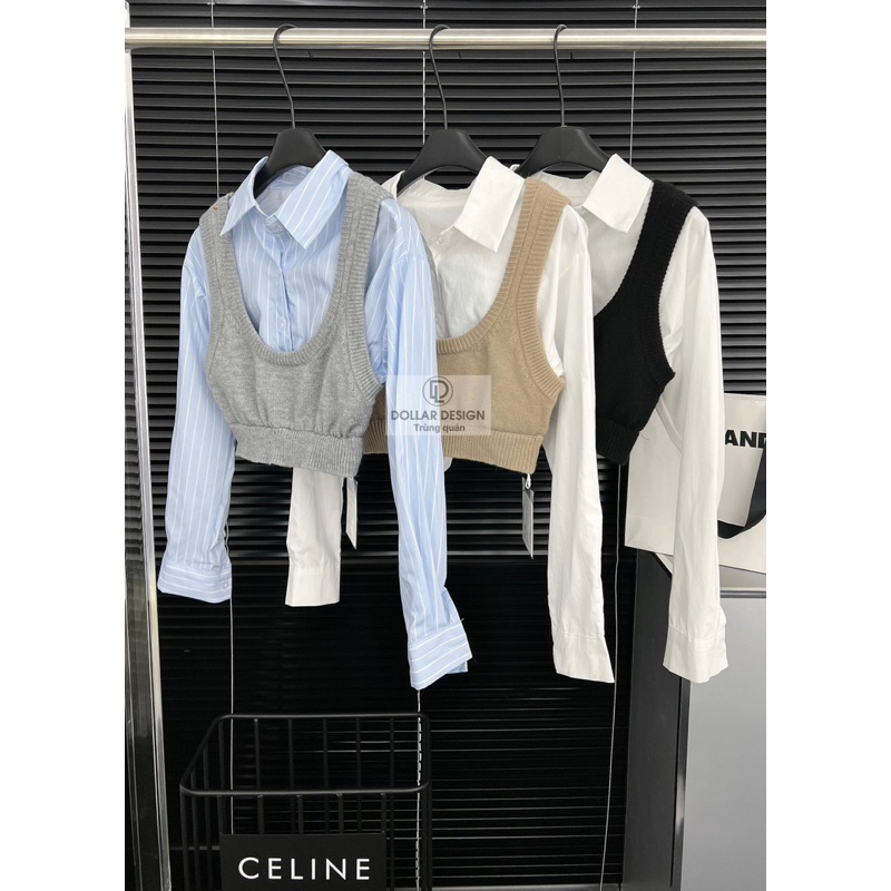 Set Áo Sơ Mi Phối Áo Ghi Lê Len Croptop