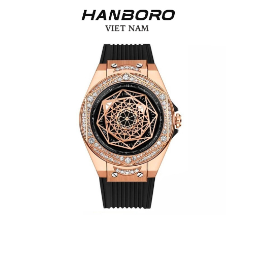 Đồng hồ nữ Hanboro chính hãng dây Silicone đen vỏ rose 36mm