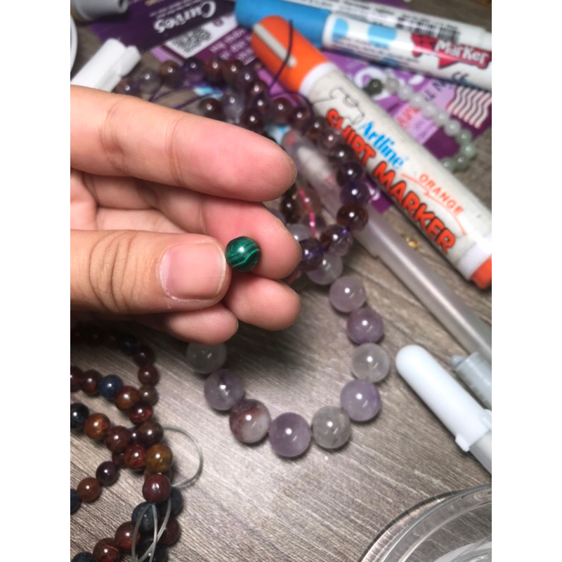 Hạt lẻ đá thanh tẩy Malachite mài tròn xỏ lỗ làm HandMade ,diy
