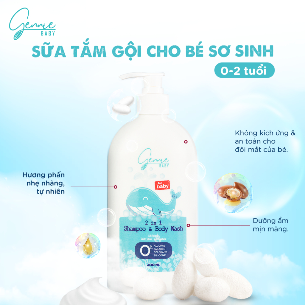 [TẶNG NƯỚC HOA + DẦU GỘI] Sữa tắm gội 2 trong 1 Gennie Baby 400ml chính hãng