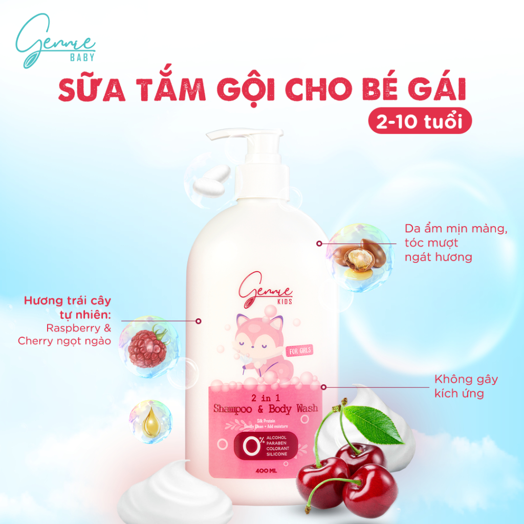 [TẶNG NƯỚC HOA + DẦU GỘI] Sữa tắm gội 2 trong 1 Gennie Baby 400ml chính hãng