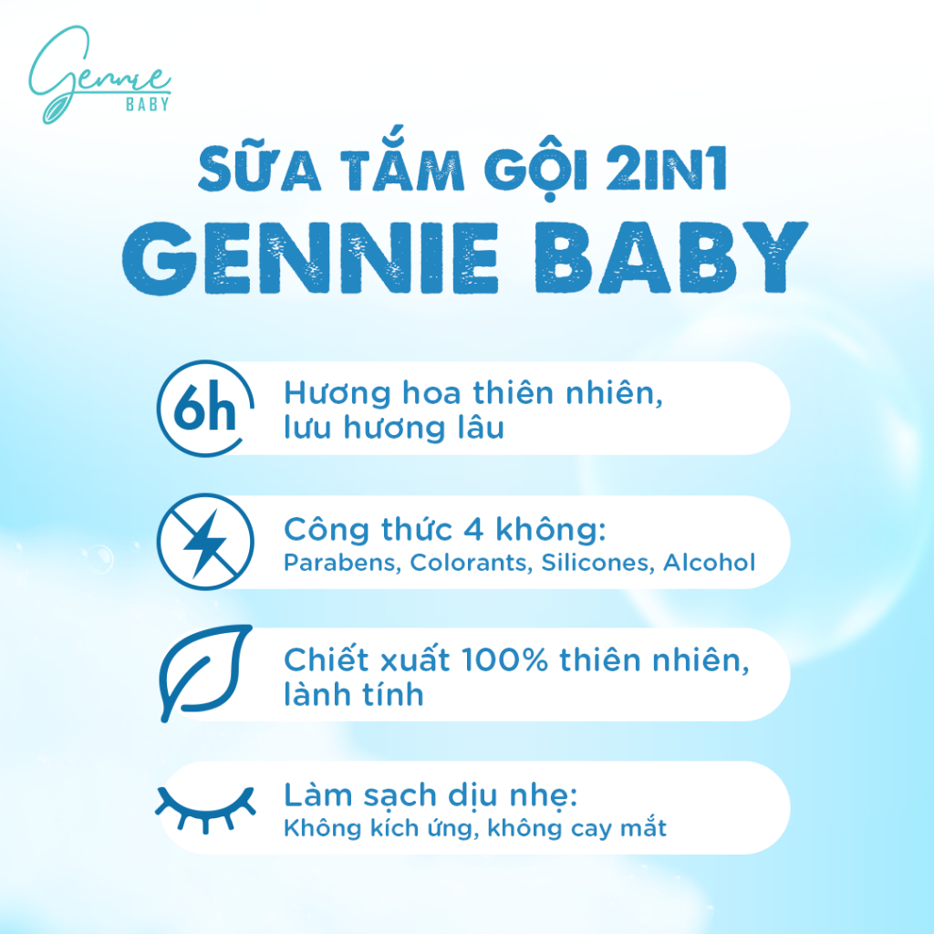 [TẶNG NƯỚC HOA + DẦU GỘI] Sữa tắm gội 2 trong 1 Gennie Baby 400ml chính hãng