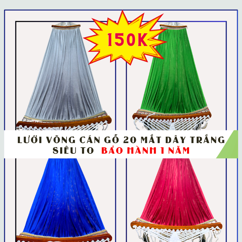 Võng lưới cán gỗ 2 lớp khổ rộng 150x 230cm dây trắng sợi to, nhiều màu. Bảo hành 1 năm
