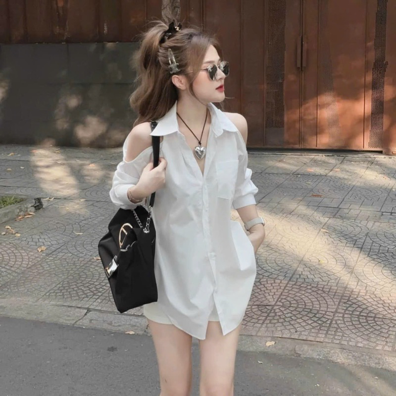 Sét đồ nữ thời trang mặc đi chơi áo lụa sơmi fom dài phối quần đùi cotton lạnh