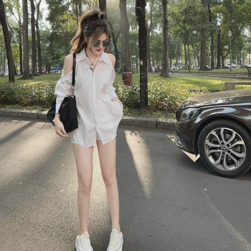 Sét đồ nữ thời trang mặc đi chơi áo lụa sơmi fom dài phối quần đùi cotton lạnh