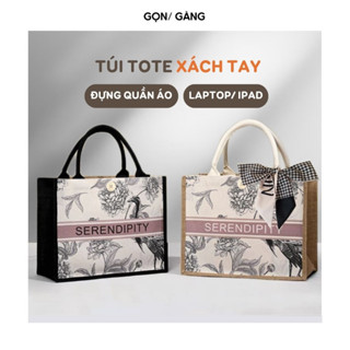Túi xách cói tote bag vải canvas vừa A4 đựng quần áo đi du lịch đi làm công sở họa tiết hoa vintage có cúc cài Gọn Gàng