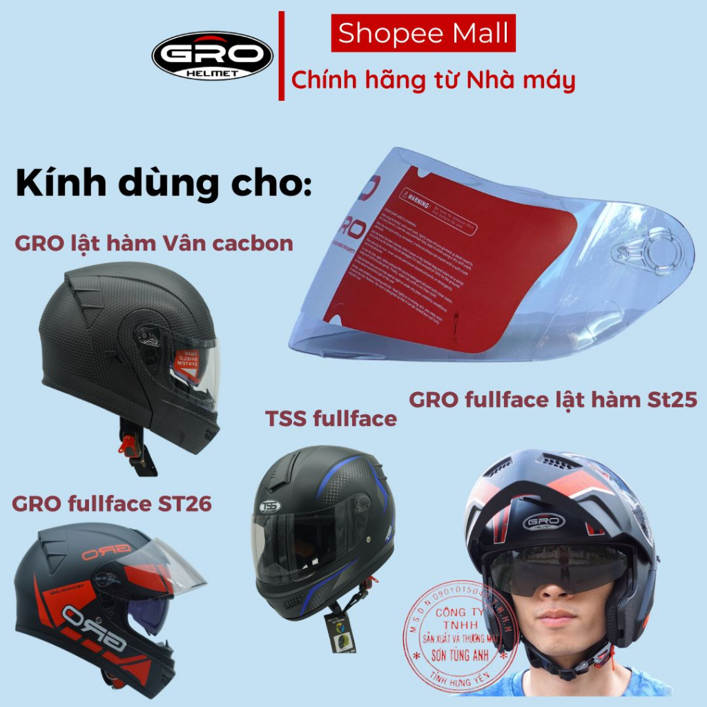 [đủ bộ Kính + ốc vít] Kính Mũ Bảo Hiểm Fullface GRO Helmet- Kính Cao Cấp Khử Nano, Chống Tia UV từ Nhà Máy Sơn Tùng Anh