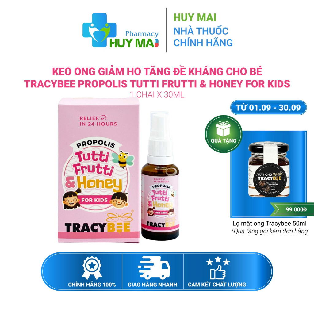 Keo ong giảm ho tăng đề kháng cho bé Tracybee Propolis Tutti Frutti & Honey For Kids Chai 30ml