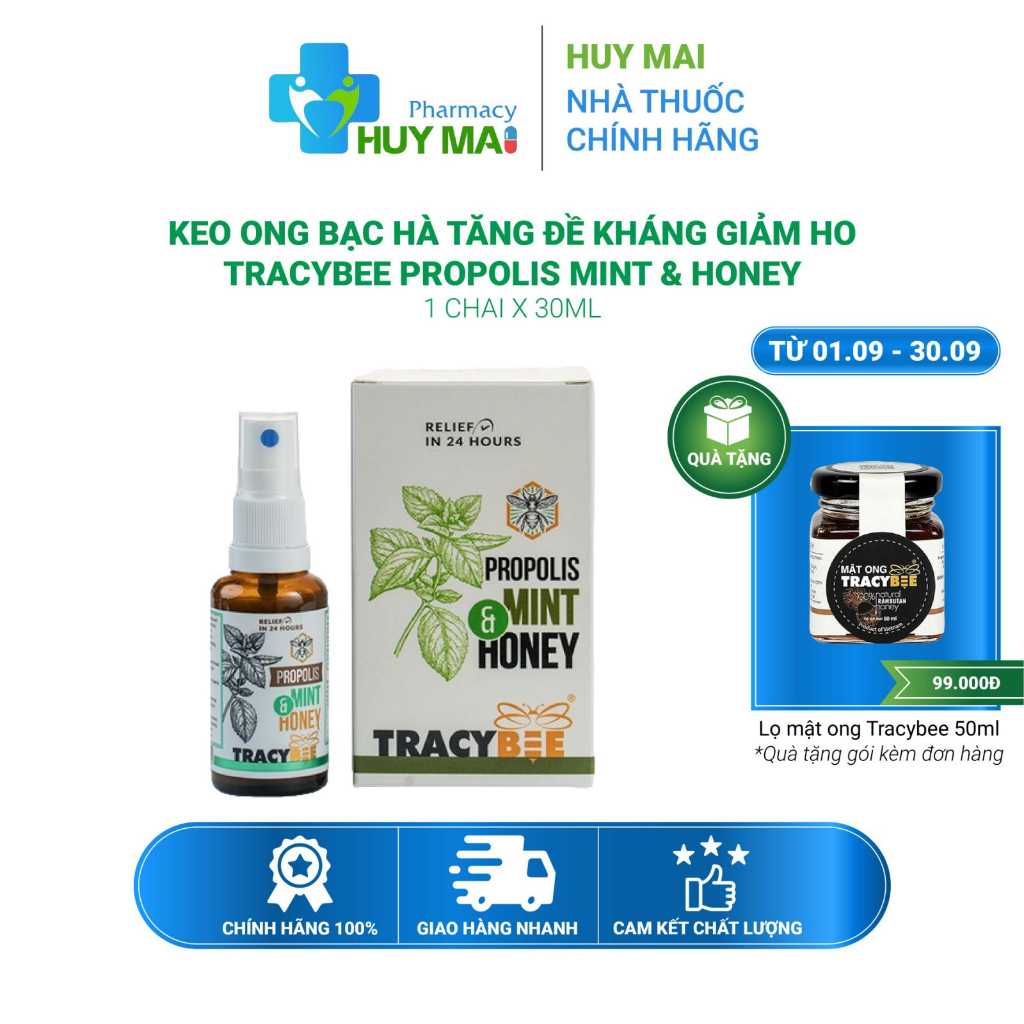 Keo ong bạc hà tăng đề kháng giảm ho Tracybee Propolis Mint & Honey Chai 30ml