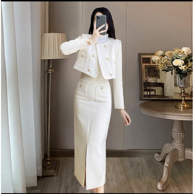 Sét áo khoác dạ kèm chân váy dài 2 lớp