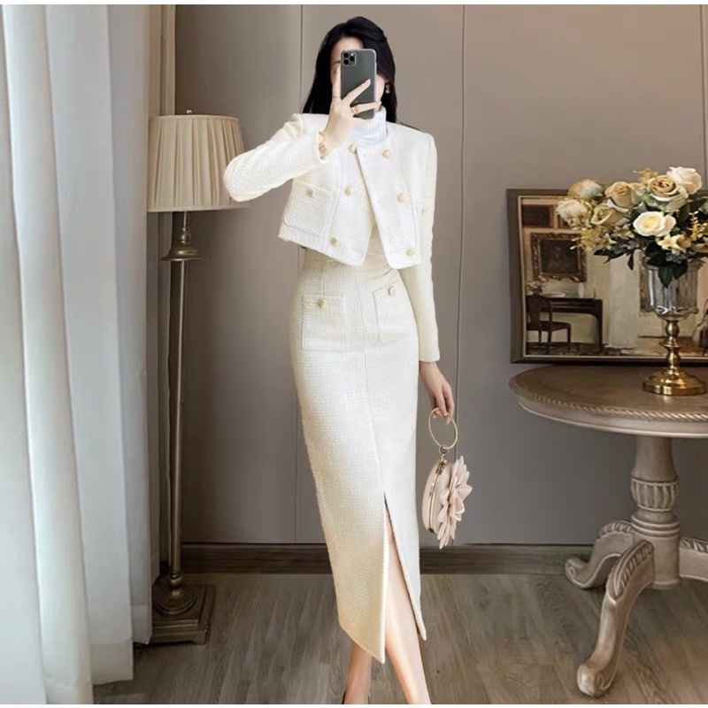 Sét áo khoác dạ kèm chân váy dài 2 lớp