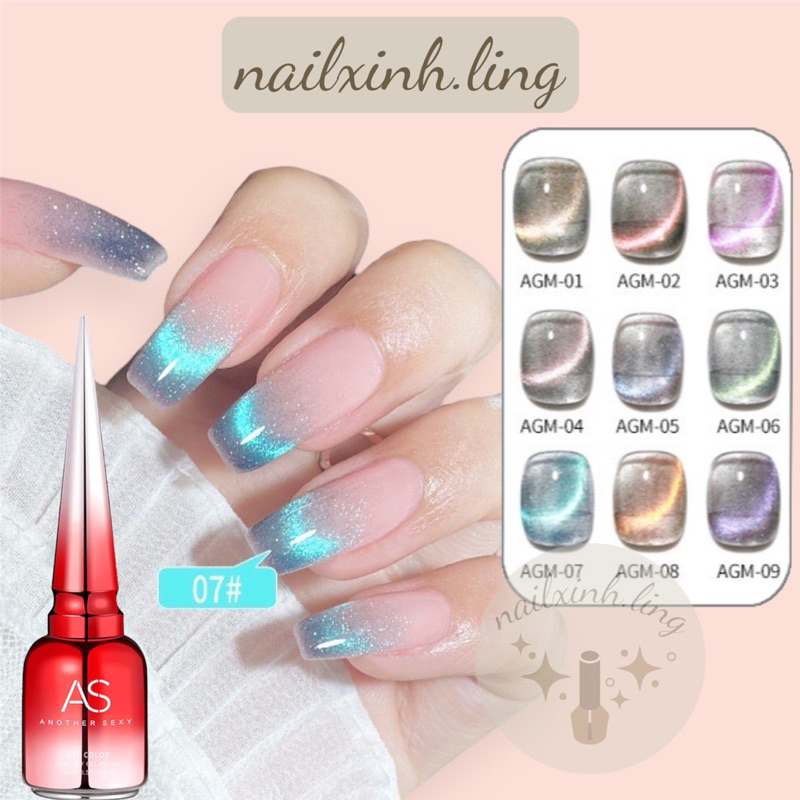 Sơn Gel AS Mắt Mèo Kim Cương Flash Mã AGM Chai Đỏ Nhọn 15ml Chính Hãng Bảng 9 Màu Hot - Sơn Gel AS Nền Thạch Mắt Mèo