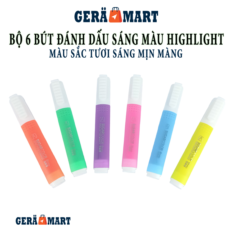 Set 6 bút đánh dấu highlight dạ quang 6 màu Neon SugarColor nhiều màu marker tươi sáng đẹp min màng