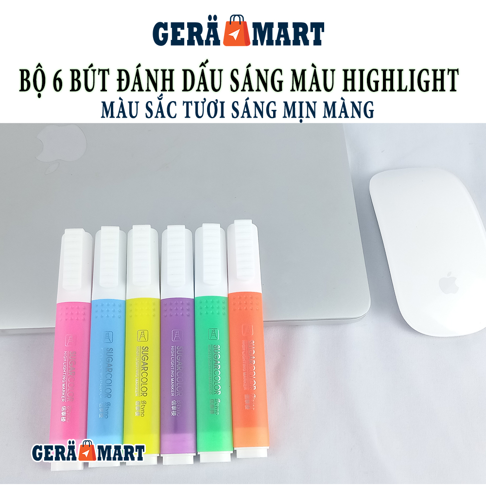 Set 6 bút đánh dấu highlight dạ quang 6 màu Neon SugarColor nhiều màu marker tươi sáng đẹp min màng