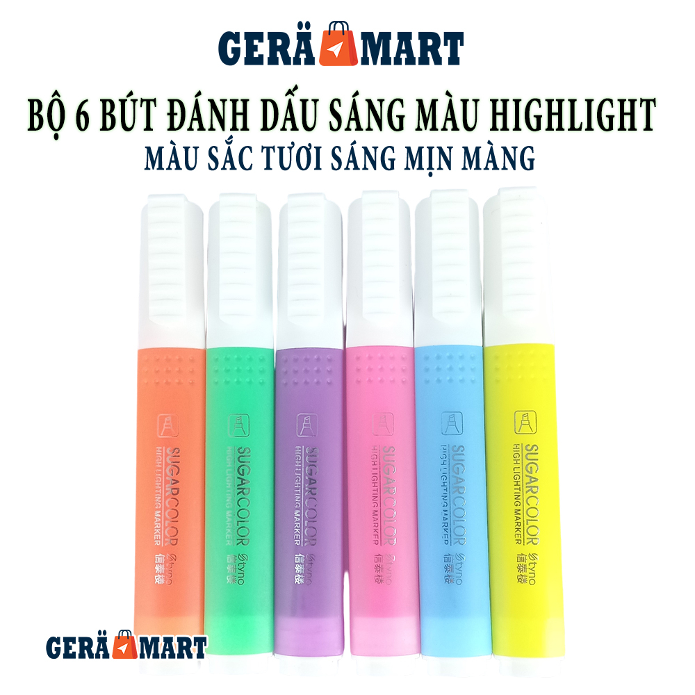 Set 6 bút đánh dấu highlight dạ quang 6 màu Neon SugarColor nhiều màu marker tươi sáng đẹp min màng