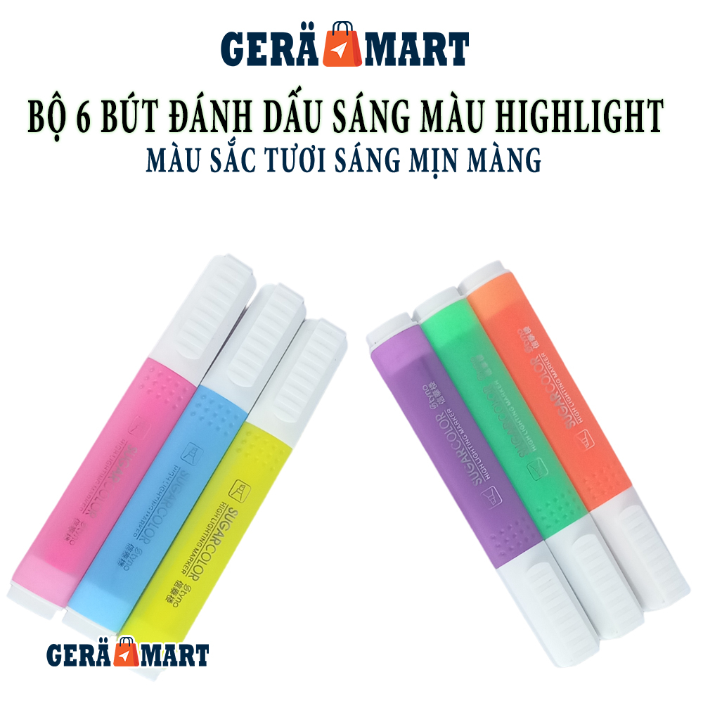 Set 6 bút đánh dấu highlight dạ quang 6 màu Neon SugarColor nhiều màu marker tươi sáng đẹp min màng