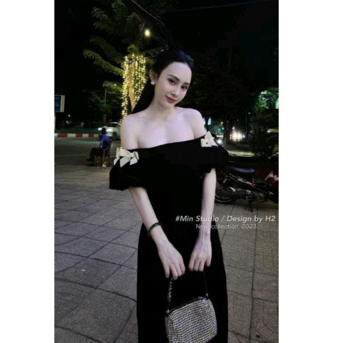 Váy nhung tay bồng 2 lớp đính nơ dáng dài