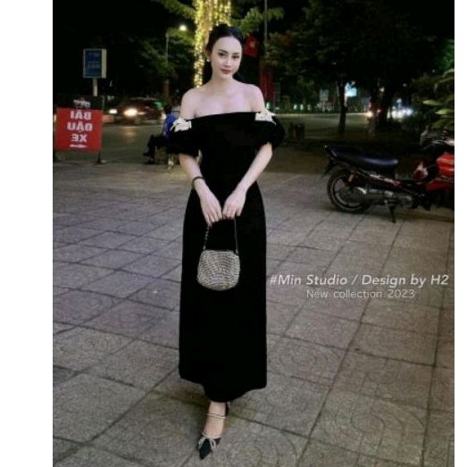 Váy nhung tay bồng 2 lớp đính nơ dáng dài