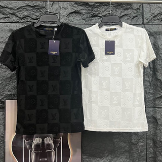 Áo phông cổ tròn Unisex cotton dập vân LV nhung monogram quanh áo cao cấp chuẩn shop T.O