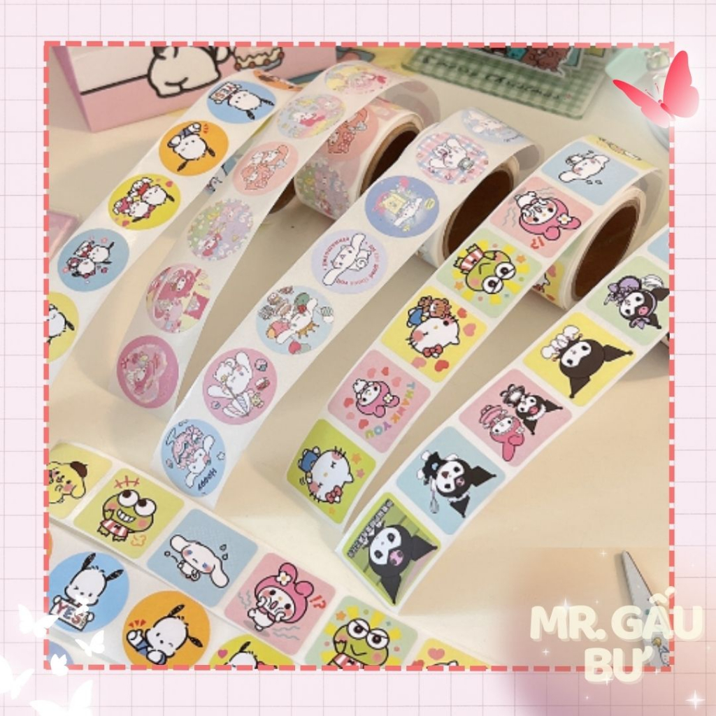 Cuộn 200 sticker dán niêm phong đóng gói Sanrio